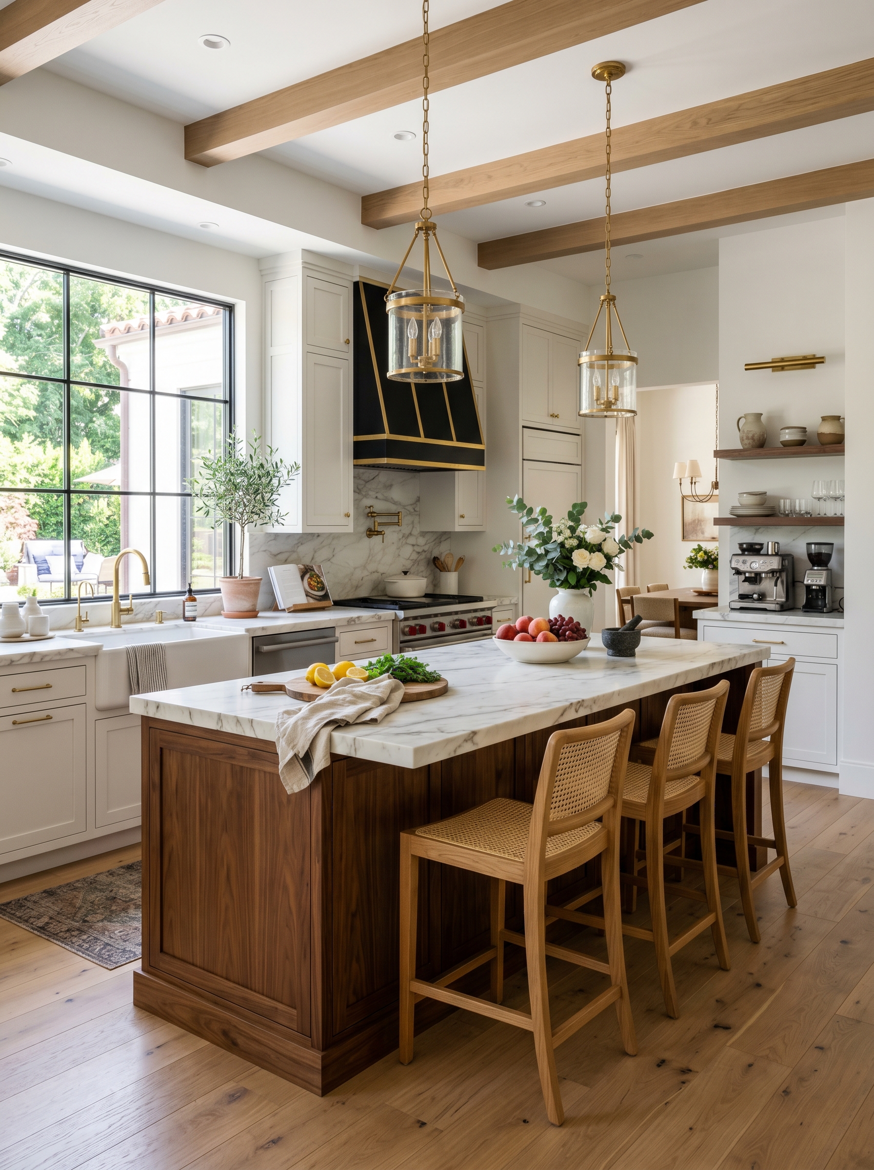 Transitional kitchen with two-tone cabinetry, brass pendants over breakfast bar, and quartz backsplash